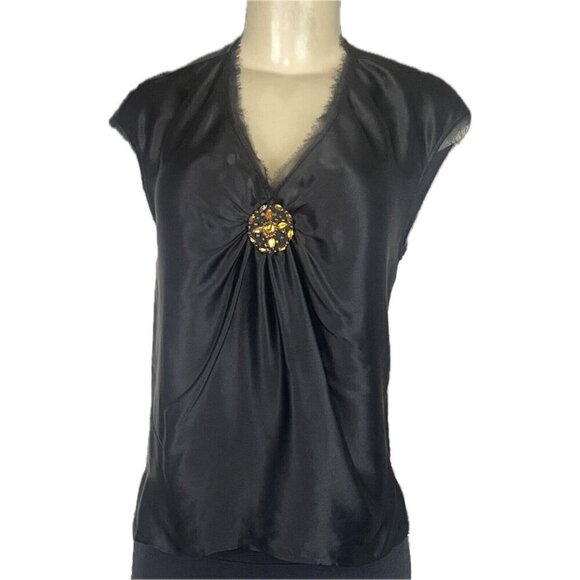 INC 6 Black 100% Silk Jewel Cinched V- Neck Raw Edge Mesh Trim Sleeveless Blouse - Picture 2 of 6